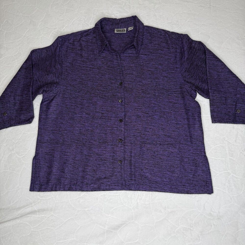 Chicos Design 100% Silk Top Size 2 - Large Purple Textured Button Down Blouse - Picture 4 of 16